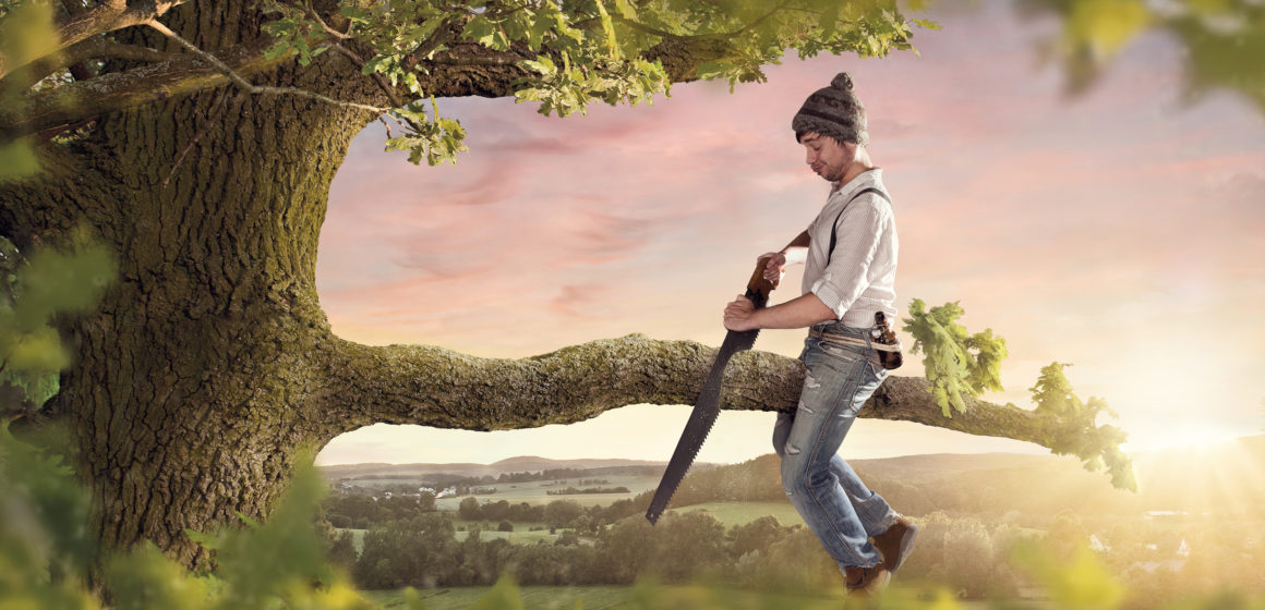 A man with a hat is sitting on a branch he is about to cut off.